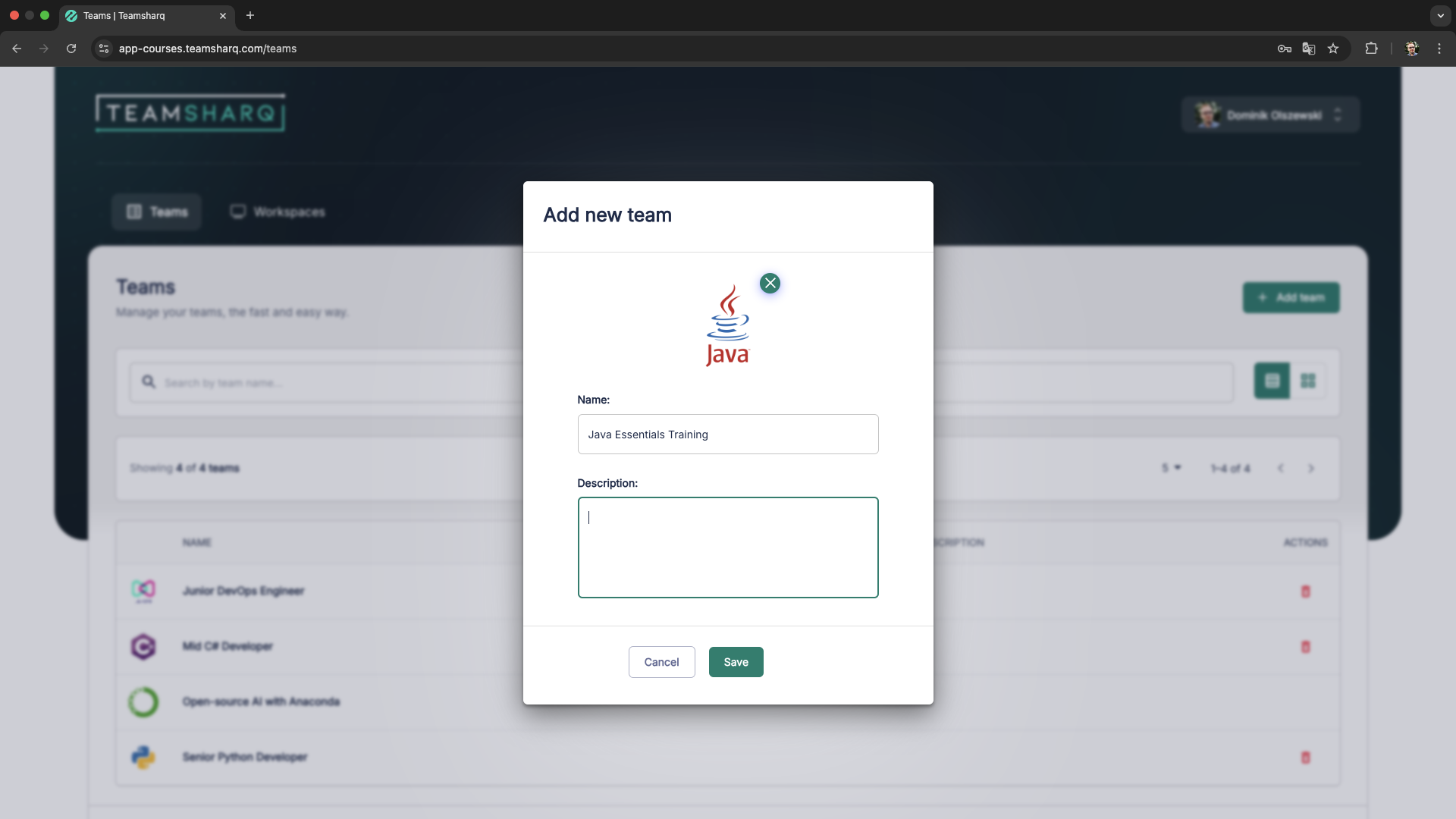 Creating a team and inviting attendees on Teamsharq platform